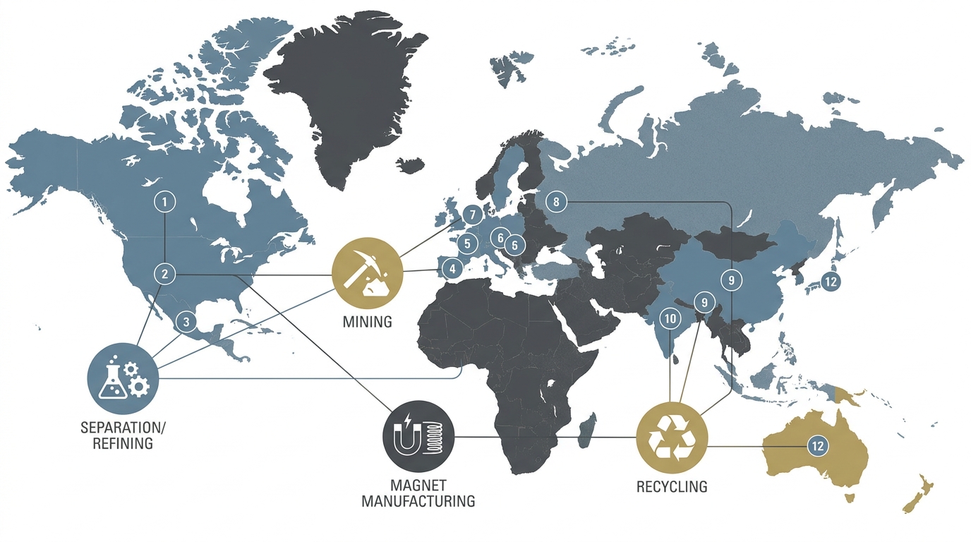 Global overview diagram contrasting mining, refining, and recycling nodes across the 12 ‘China-independent’ narratives.