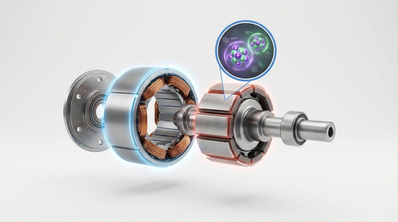 Exploded view of an EV motor and magnet with microscopic trace-level magnification.