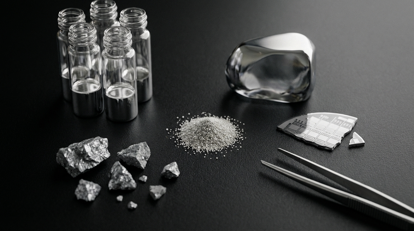 Close-up of gallium, germanium, antimony and superhard material samples alongside a semiconductor wafer.