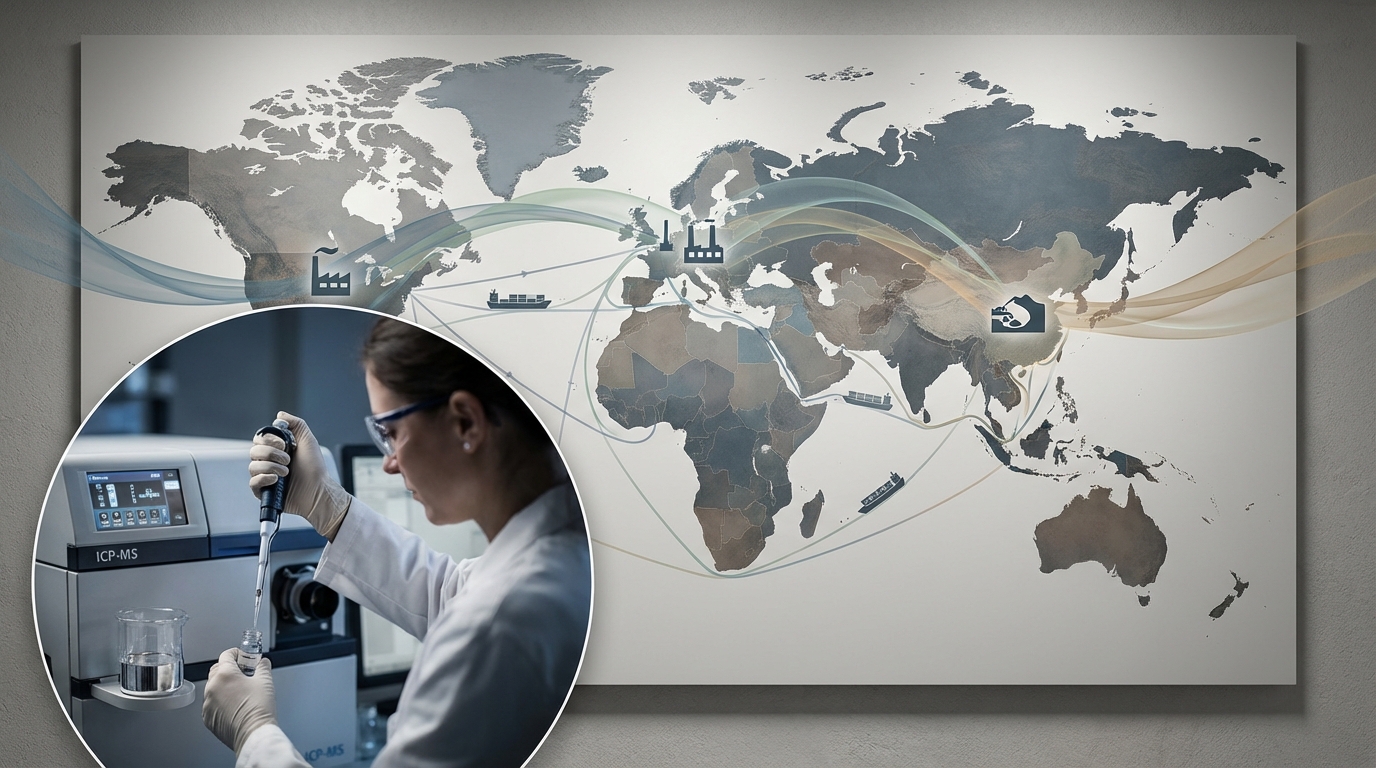 Global REE supply flows with laboratory testing inset.