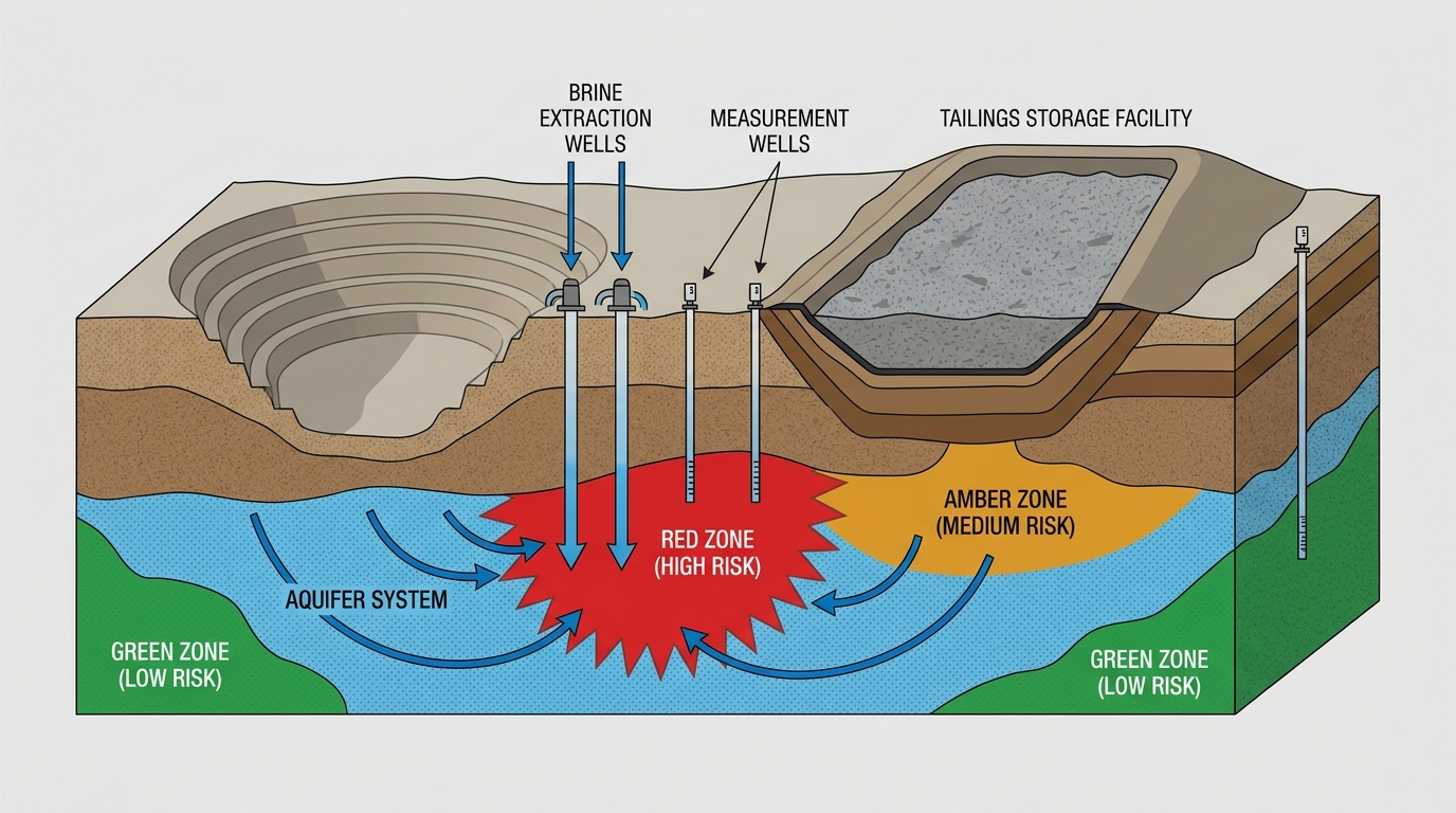 Water-and-tailings risk cross-section for battery metals projects.