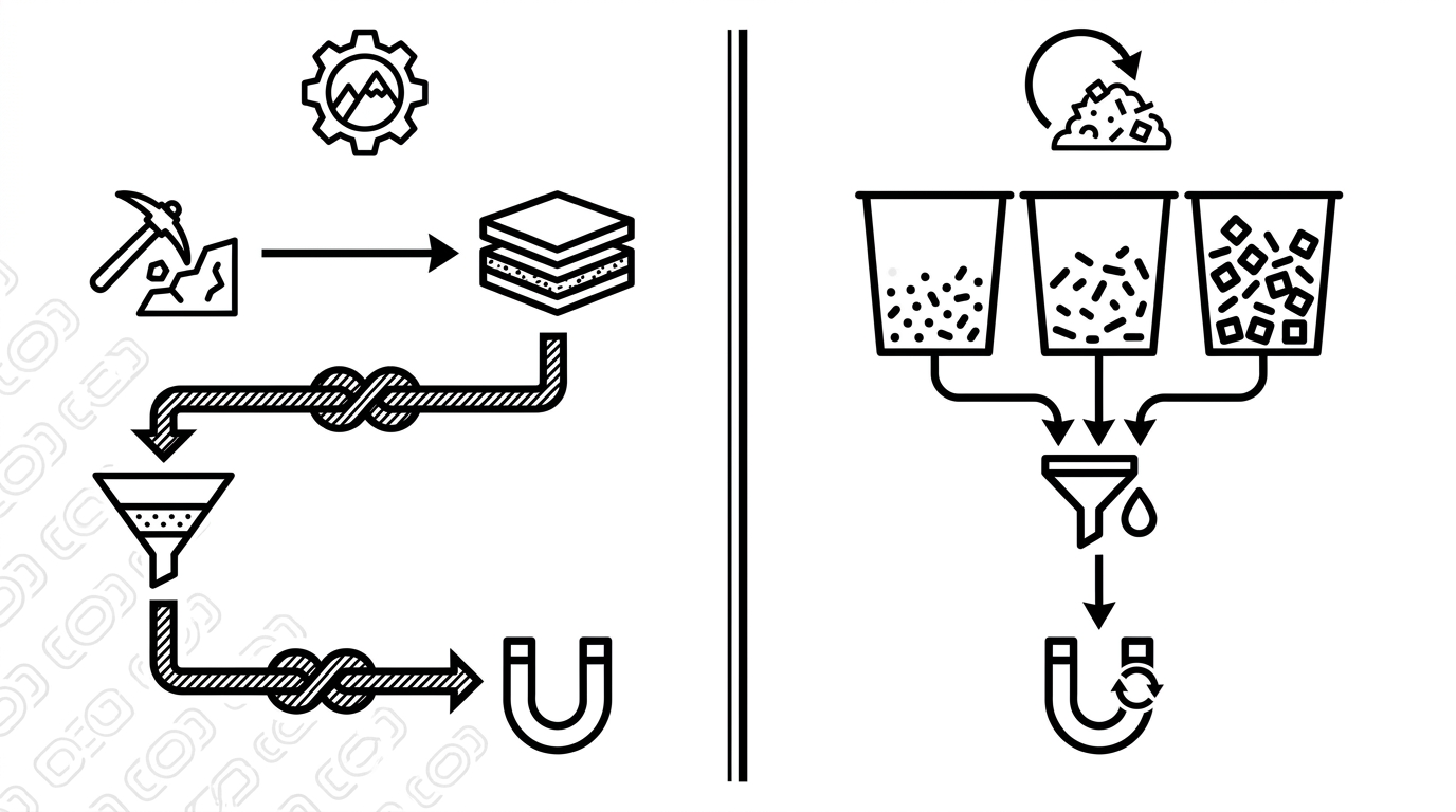 Mechanism view contrasting bottlenecks in mining/separation versus recycling pathways.