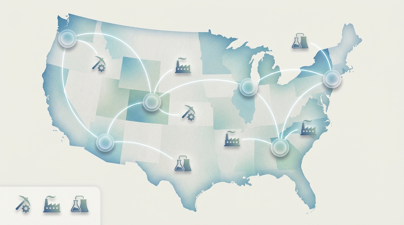 Geographic distribution of Pentagon equity investments across mining, processing, and manufacturing sites.