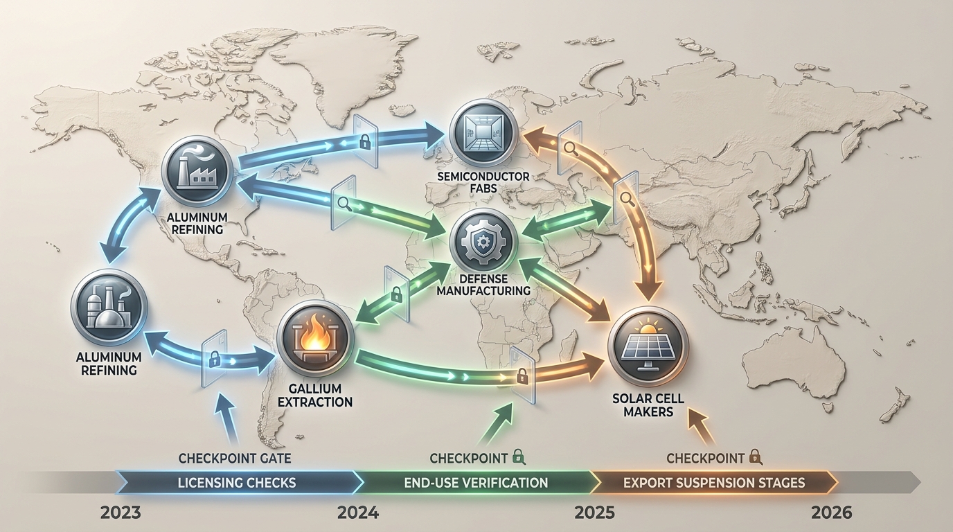 Visual timeline of licensing → embargo → suspension and downstream impacts.