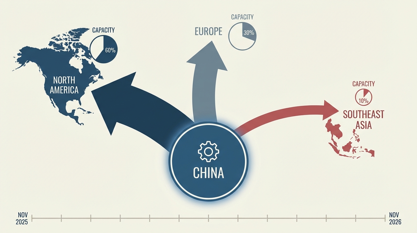 Global supply-flow diagram for gallium, germanium, antimony and superhard materials, highlighting China's dominant share and the 2025–2026 suspension window.