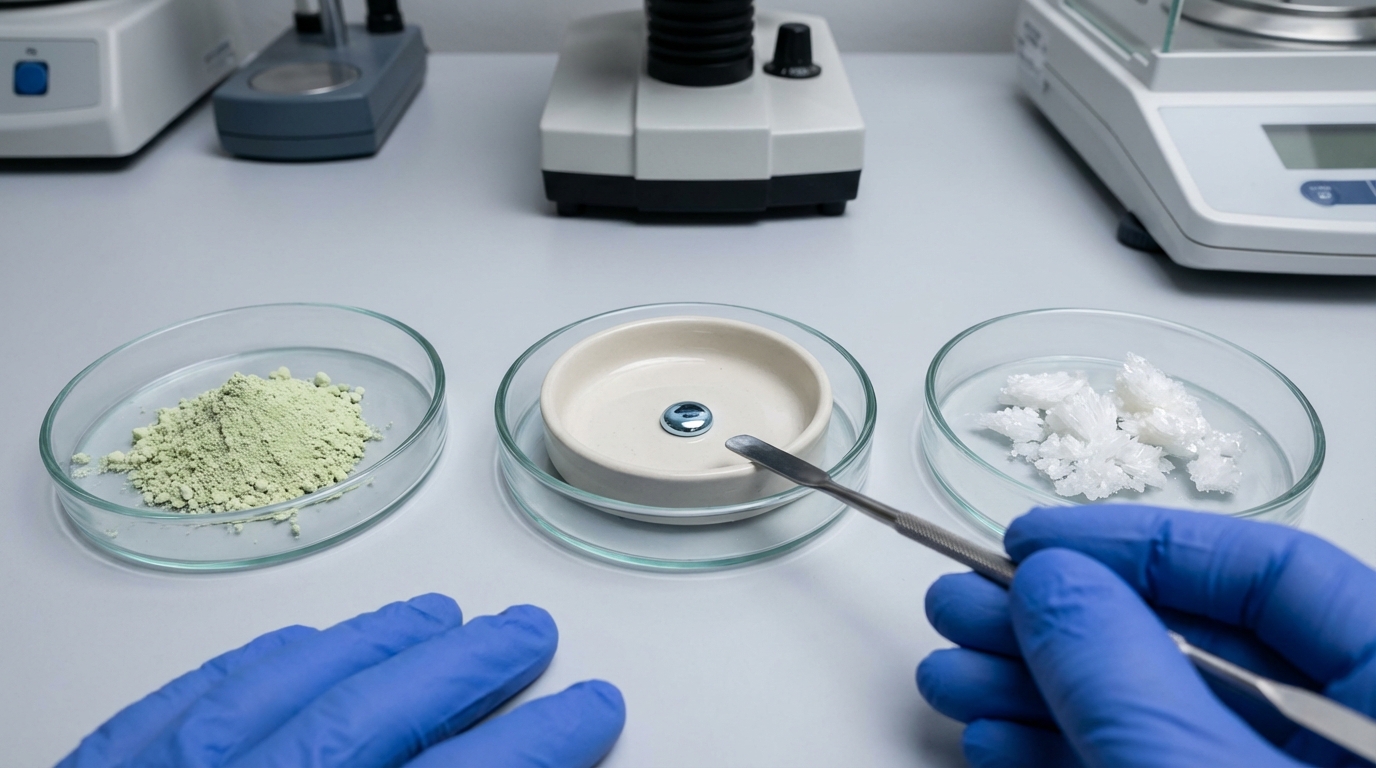 Close-up of high-purity rare-earth and critical-metal samples used in advanced manufacturing.