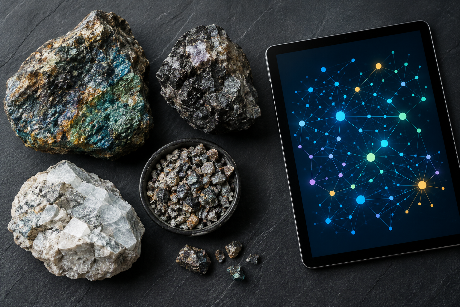 Critical minerals in raw form, with supply-chain data mapping their flow.